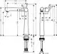 Hansgrohe-Waschtischmischer mit einhebeliger Steuerung, schematische Darstellung mit verschiedenen Maßen und Anschlussdetails. Keine Ablaufgarnitur sichtbar.